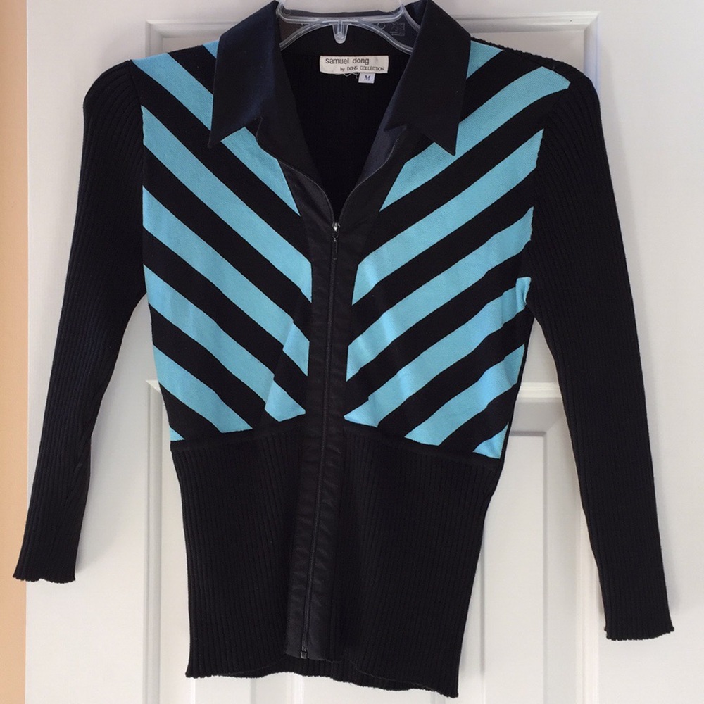 Samuel Dong turquoise/black zipper ribbed sweater